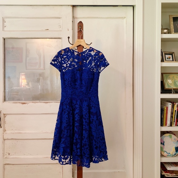 blue lace overlay dress